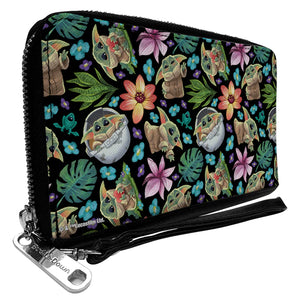 PU Zip Around Wallet Rectangle - Star Wars The Child Poses and Floral Collage