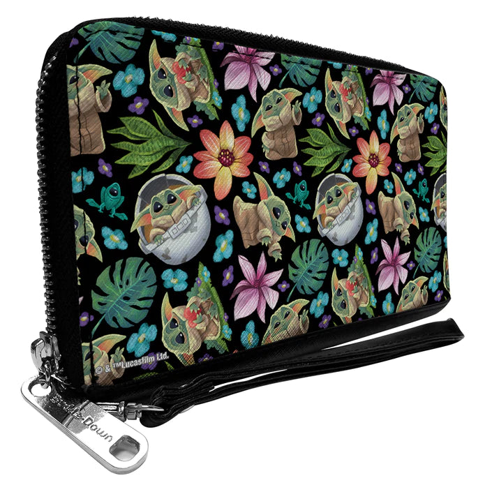 PU Zip Around Wallet Rectangle - Star Wars The Child Poses and Floral Collage