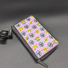 Load image into Gallery viewer, PU Zip Around Wallet Rectangle - The Mandalorian and Baby Yoda Poses Scattered Pink